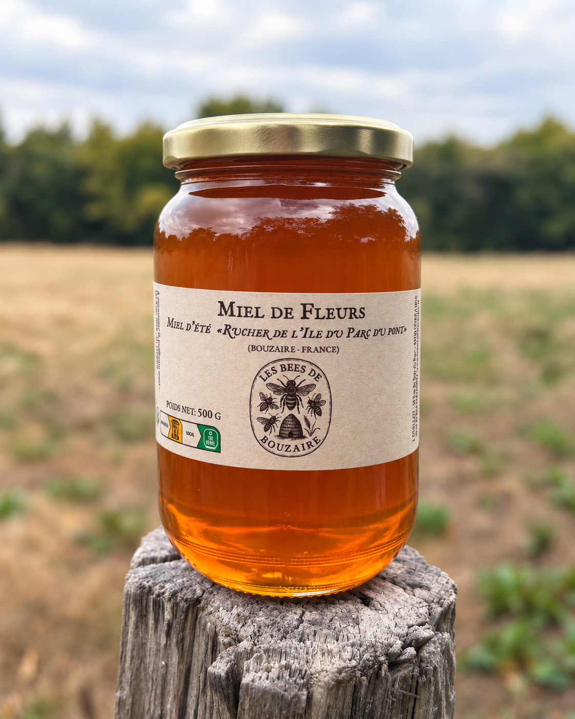 Pot de miel d'été 500 g du rucher de l'Île du Parc du Pont, pot en verre